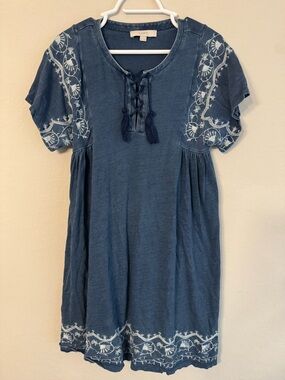 Loft Blue Embroidered Lace-Up Dress M